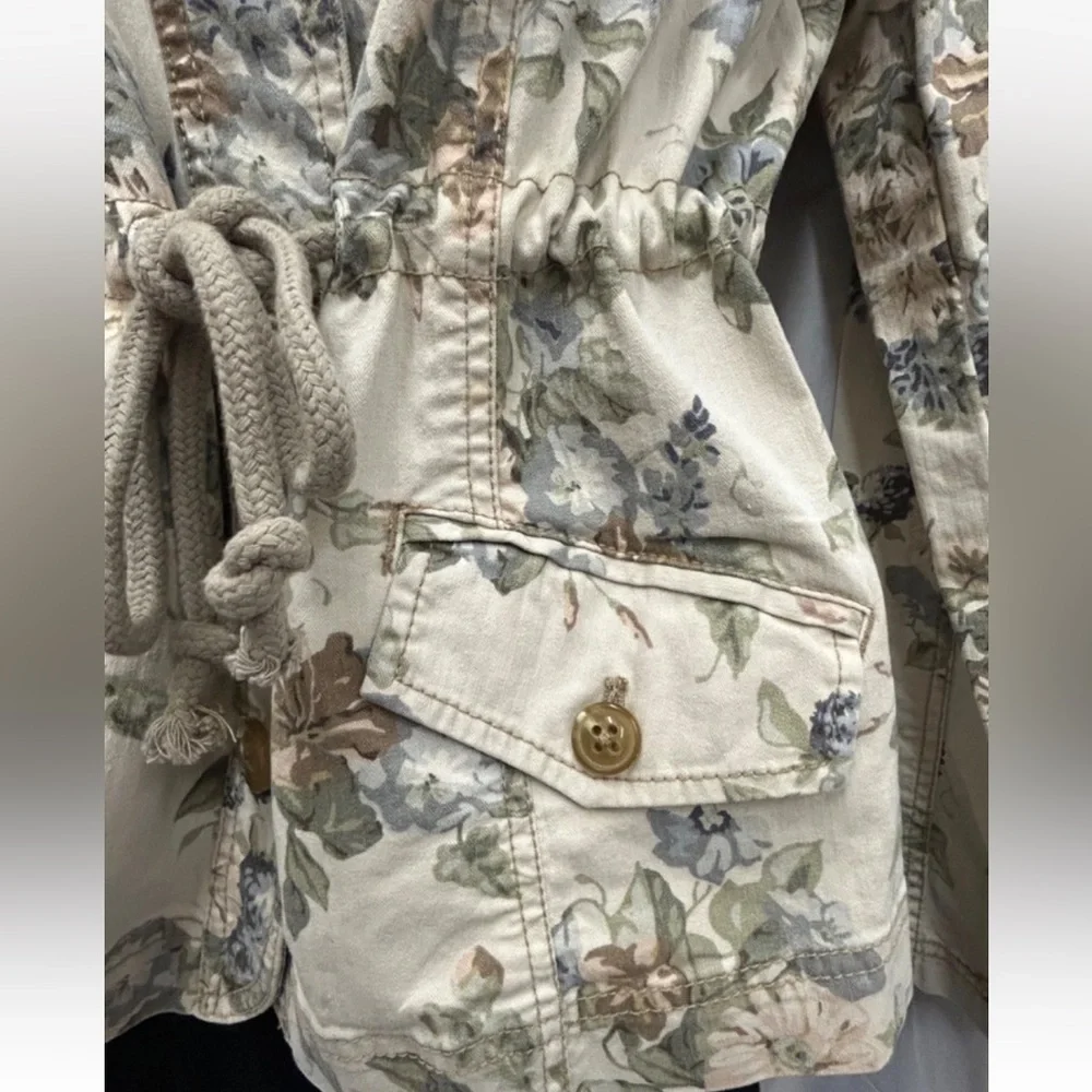 Anthropologie Jacket Women 12 Blue Cream Floral Canvas Coastal Capsule Brunch